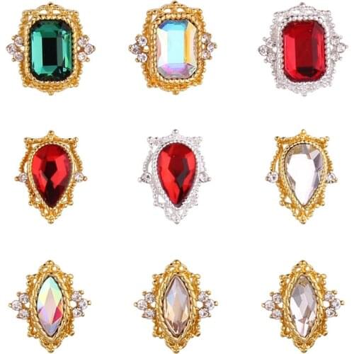 CHNRMJL 100Pcs/Pack Retro Alloy Nail Crystal Rhinestones Square Heart Water Drop Shaped AB Class Gems 3D Nail JewelryAccessories