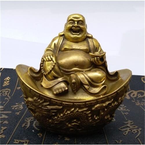 Chinese Fengshui brass Happy Laugh Maitreya Yuanbao Ruyi Bat Buddha statue home decoration metal handicraft