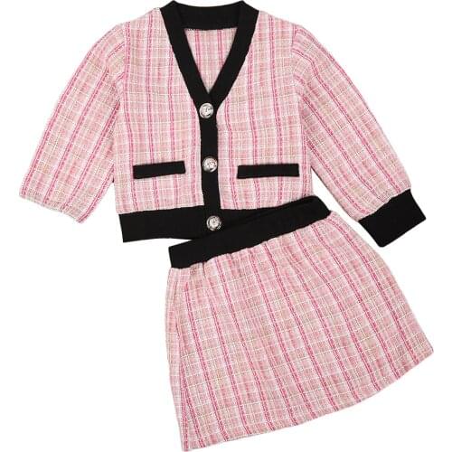 2Pcs Newborn Baby Outfits Elegant Plaid V-Neck Long-Sleeves Cardigan + High-Waist Skirt Toddlers Girls Autumn Spring Set 3M-5T