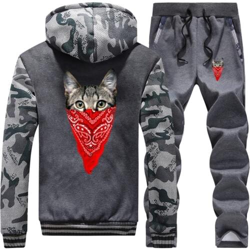 Winter Men hip hop Cat print Tracksuits Set Fleece Outerwear+Pants 2Pc Suit Casual Sportswear coats Warm Hoodies Camouflage Sets
