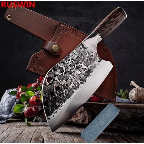 Forged Butcher Knife Traditional Hammer Stainless Steel Knife Chefs Chopper Cook Handmade Kitchen Knives Sheath Sharpener Stone