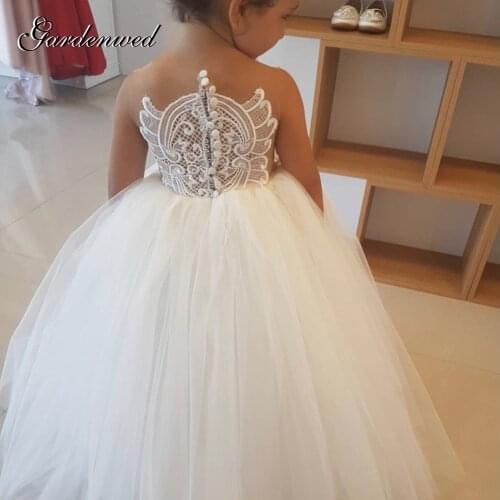 Embroidery Lace Bodice Flower Girl Dress 2020 Sleeveless Floor Length Tulle Ball Gown Pageant Dress Girl Wedding Princess