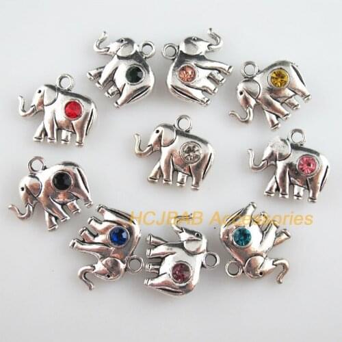 Fashion 10Pcs New Elephants Charms Tibetan Silver Tone Retro Mixed Crystal Pendants 18x20.5mm