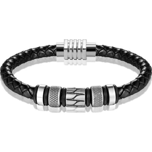Fashion Stainless Steel Bracelet Men Punk Genuine Leather Bracelets & Bangles Charm Magnetic Buckle Jewelry Wholesale Pulsera