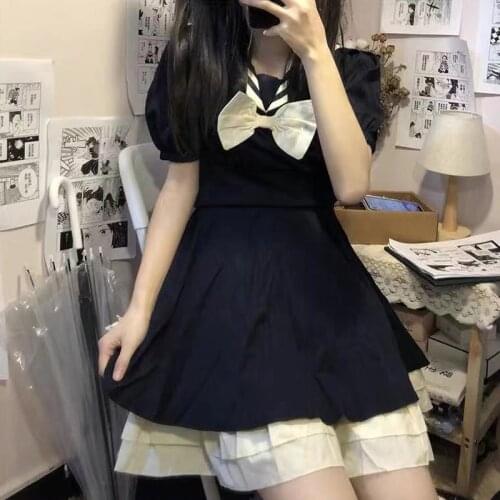 Naval College Style Dress Women Japanese Summer Mori Girl Cute Puff Sleeve Dresses Midi Robe Vintage Kawaii Bow Jk Uniform Dress
