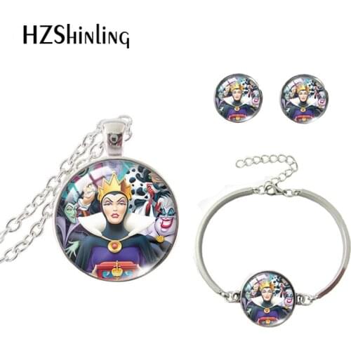 2021 New Disney Villains Evil Queen Ursula Cruella Maleficent Round Dome Pendant Stud Earrings and Bangle Bracelet Jewelry Sets