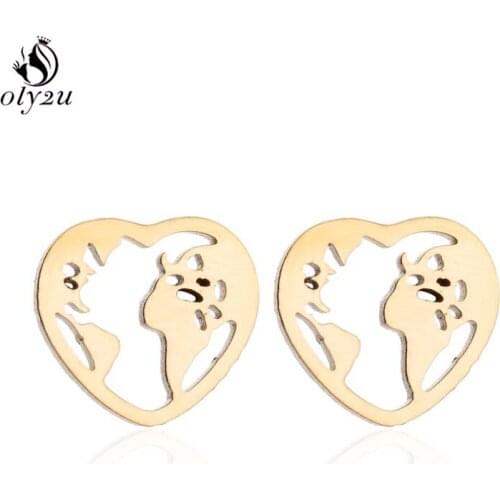 Oly2u Stainless Steel Heart Shape Map Stud Earrings for Women Fashion Jewelry Love Earings Girls Kids Jewelry Accessories Gift