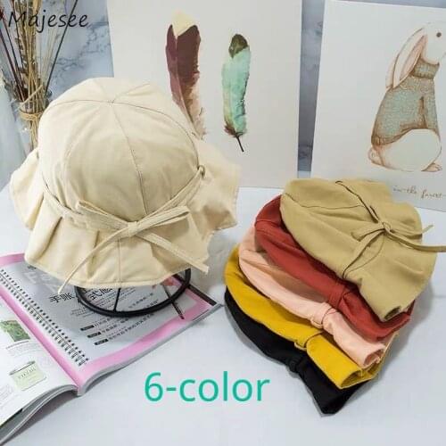 Cotton Bucket Hats Women Summer Solid Ruffles Bow Kawaii Dome Korean Version Simple Fishman Hat Female Fashion Students Casual