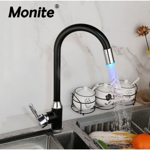 Monite Black LED Light Polished Chrome Swivel Kitchen Faucet Tap Deck Mounted 1 Hole Bathroom Faucets Mixer Tap Basin Tap