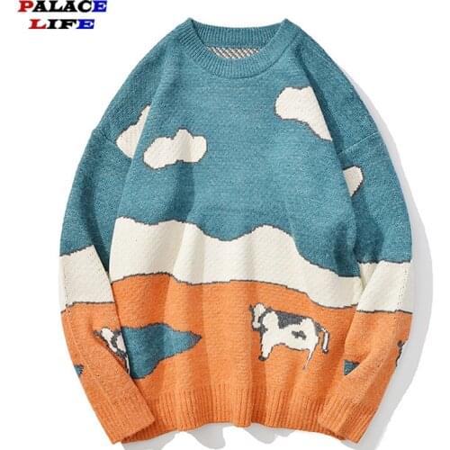 Hip Hop Knitted Sweater Men 2021 Prairie Cow Pattern Sweater Streetwear Korean Style Harajuku Casual Loose Women Pullover 2021