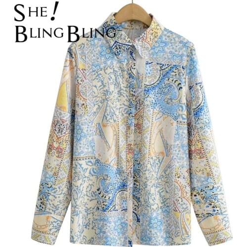 SheBlingBling Za Woman 2021 Casual Traf Blouses Summer Autumn Fashion Long Sleeve Vintage Print Loose Long Shirts Female Tops