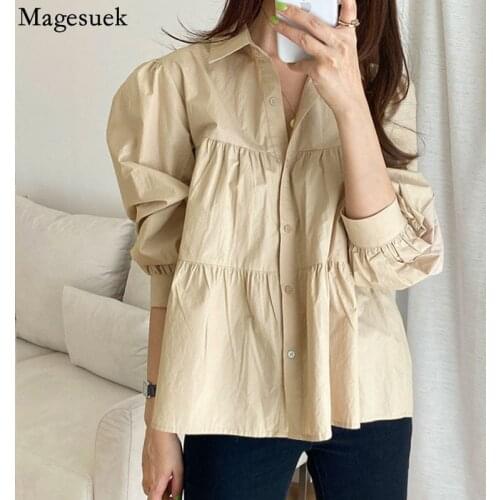 Korean Loose Casual Womens Shirt Vintage French Lapel Pleated Stitching Blouse Puff Sleeve Office Lady White Tops Blusas 15722