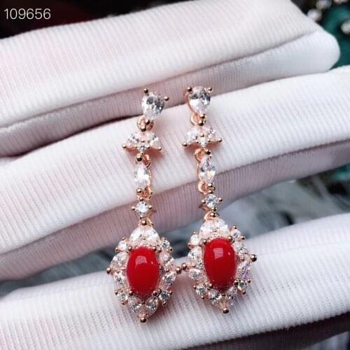 KJJEAXCMY fine jewelry Supporting Detection of 925 Silver-inlaid Natural Red Coral Female Earrings and Earrings