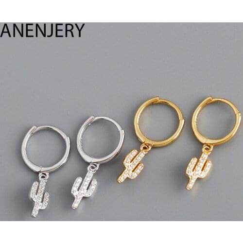ANENJERY 925 Sterling Silver Micro Zircon Cactus Hoop Earrings For Women Lovely Creative Girl Jewelry Gift