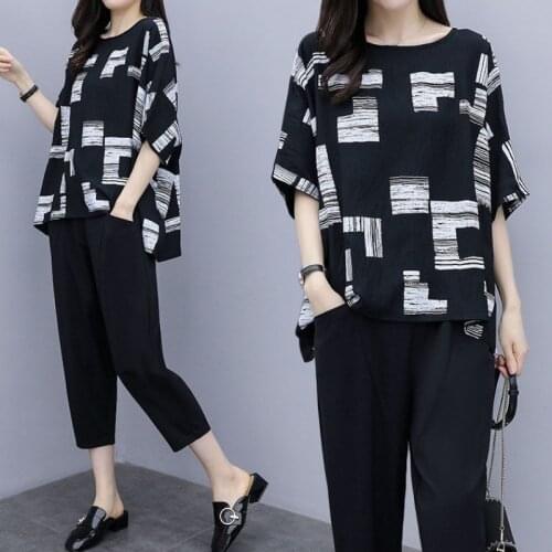 5XL Plus Size Tracksuit Women Two Piece Set Summer Clothes Oversized T-Shirt and Capri Pants Leisure Suits Casual Womens Sets