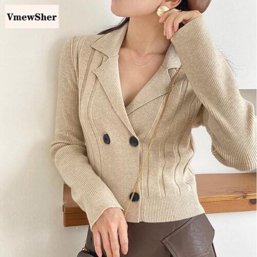 VmewSher Shawl Collar Knitted Cardigan 2020 Autumn Casual Long Sleeve Double Breasted Short Solid Slim Basic Soft Sweater Tops