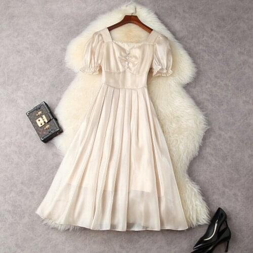 European and American womens wear for summer 2021 Short-sleeved square collar buttons Fashion pure color Pleated dress