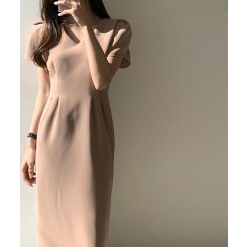 New 2020 Summer Elegant Women Dresses V-neck Short Sleeve High Waist Dress Female Solid Slim Office Lady Midi Dress Vestidos