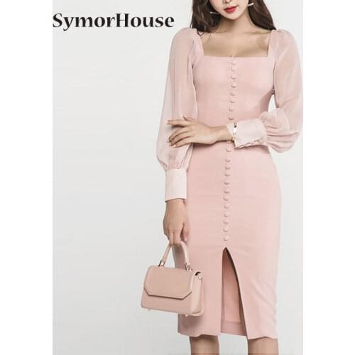 New office dress square collar single-breasted chiffon stitching long-sleeved bodycon hip slim dresses 2021 party dress Autumn