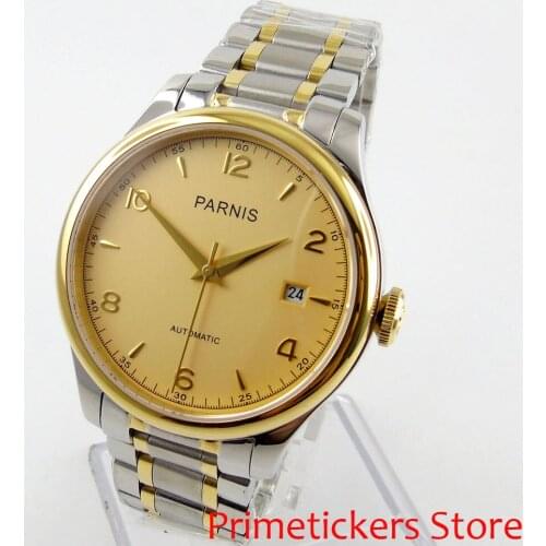 38mm PARNIS golden dial sapphire glass automatic mens watch date stainless steel strap