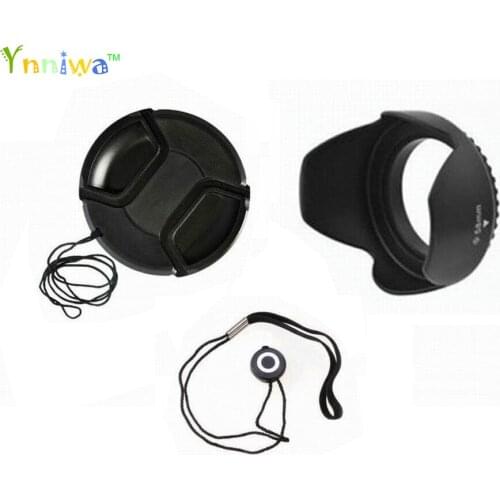 49 52 55 58 62 67 72 77 82mm center pinch Snap-on cap cover + lens cap line + lens hood for Canon for Nikon