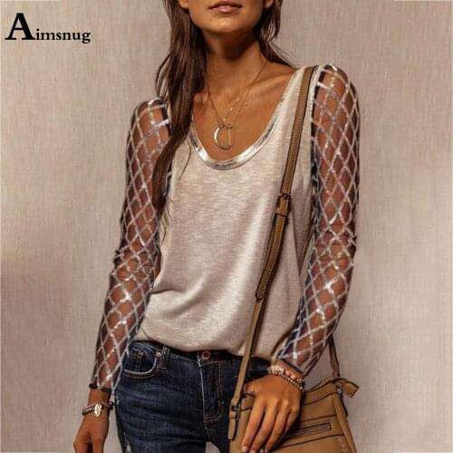 Aimsnug 2021 Hollow Out Womens Top Sexy Leisure Casual Shirt Ladies Tshirt Sequined Mesh Patchwork Summer Tees Clothing Femme