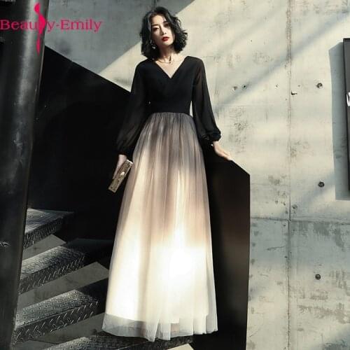 Elegant V Neck Long Sleeve Simple Evening Dress Long 2020 Fashion Gradient Tulle Zipper Back Formal Party Dress Real Photo