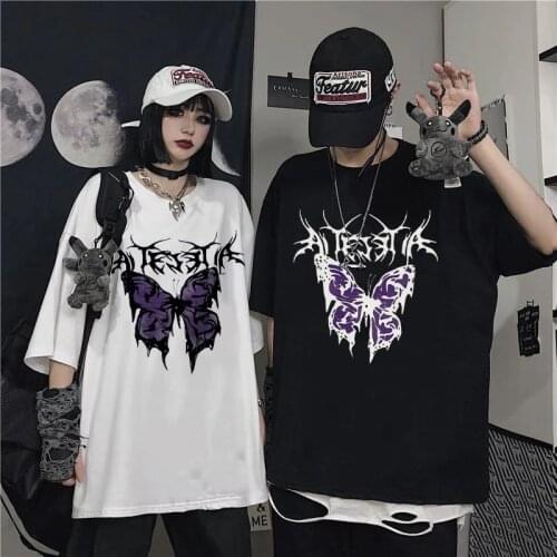 T Shirt Punk Oversized Butterfly Harajuku Top Fashion Aesthetic Unisex Hip hop Gothic T-shirts Streetwear vintage shirt clothes