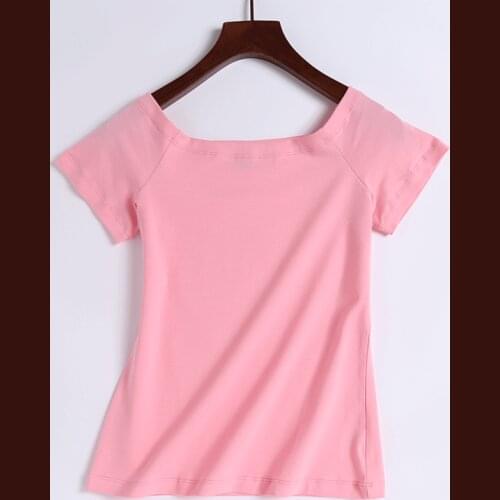 Summer Women Sexy Off Shoulder Top Girls Short Sleeve Slash Neck Slim Fit T-shirt Cotton Pink Tshirt Oversized Cute T Shirt Lady