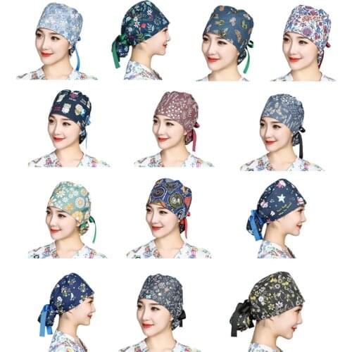 K3NF Women Men Floral Print Working Bouffant Cap with Buttons Sweatband Adjustabe Ribbon Tie Ponytail Turban Scrub Hat Beanie