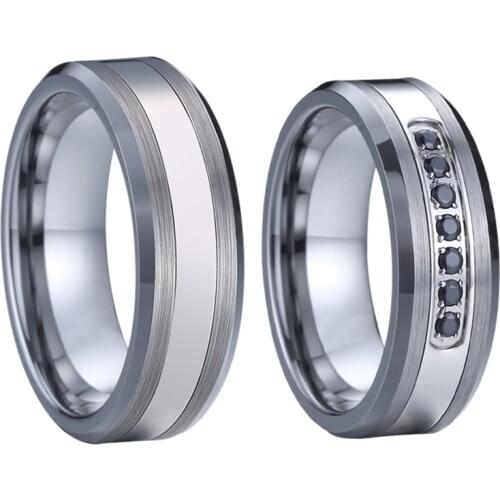 Anniversary Wedding Band Titanium Tungsten Rings Mens jewelry silver color black stone Couple Engagement Rings for women