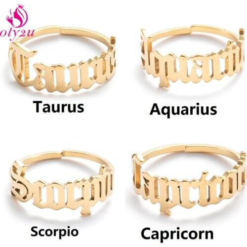 Ladies Twelve Constellation Letter Ring Stainless Steel Adjustable Couple Gold Zodiac Sign Finger Birthday Ring Wedding Jewelry
