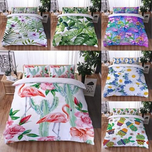 2/3 Pcs Palm Leaves Flamingo Duvet Cover Set With Pillowcase Green Plant King Size Luxury Bedding Set Soft Colorful Home Textile