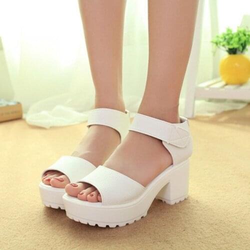 Summer Women Sandals Platform 2020 Casual Woman Shoes High Heels Hook & Loop Peep Toe Square Heel White Black Female Pumps Cheap