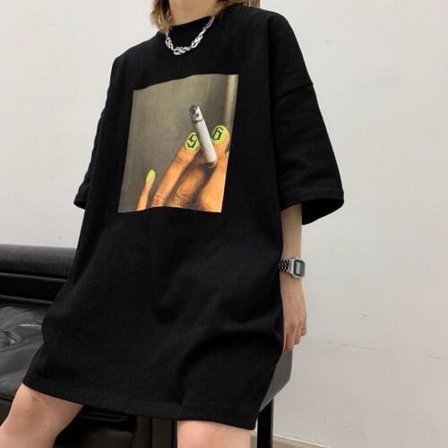 Summer style Hong Kong style plus size womens 100kg printed T-shirt loose student short-sleeved