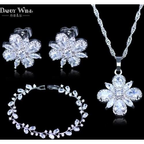 Best Present For Women Silver Color Jewelry Set White Flower Pink AAA CZ Bracelet Jewelry Sets Women Wedding Jewelry