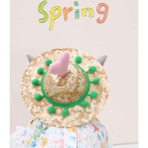 Cute Pet Cat Dog Summer Woven Sun Hat Hawaii Style Straw Love Ball Love Cap Pet Outdoor Accessories