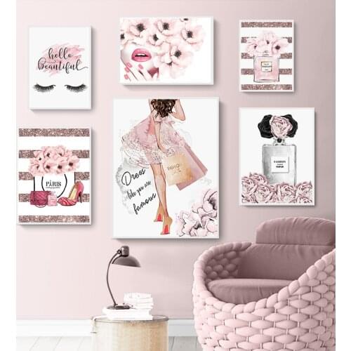 Fashion Poster Pink Flower Perfume Canvas Painting Wall Art Eyelash Makeup Print Vogue Picture Modern Girl Room Home Decoration