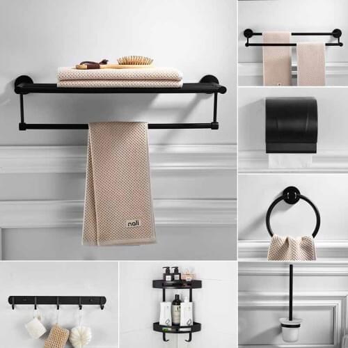 Bathroom Hardware Set Towel Rack Paper Holder Towel Bar Corner Shelf Toilet Brush holder Black Brushed Bathroom Accessories Set