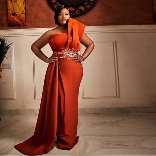 Orange Satin Plus Size One Shoulder Evening Dresses Lace Appliques Satin Formal Special Occasion Gown Overskirt Prom Skirts