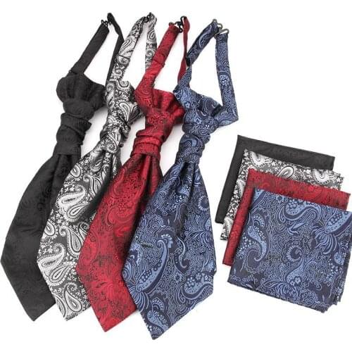 Paisley Floral Blue Ascot Tie Men Cashew Tie Pocket Squares Set Mens Red Silk Cravat Tie Handkerchiefs Wedding Ascot Scarf B021