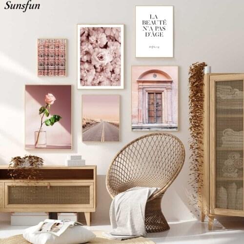 Pink Flowers Poster Islamic Church Building Art Wall Canvas Print Painting Nordic Style Decorative Picture Minimalist Home Decor