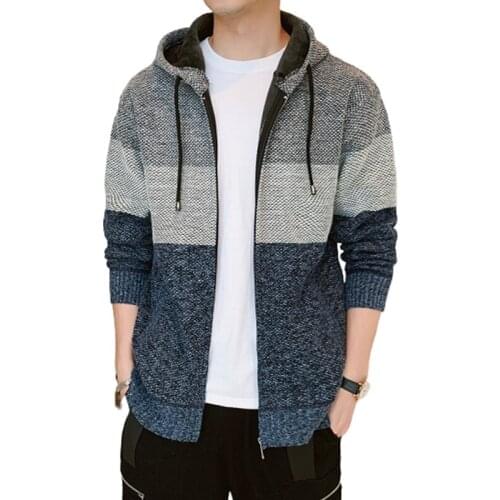 2021 Thick Cardigan Mens Sweater Zipper Striped Hooded Colorblocking Fashion Warm Slim Knitted Sweater Male Fleece Hoodies Coats