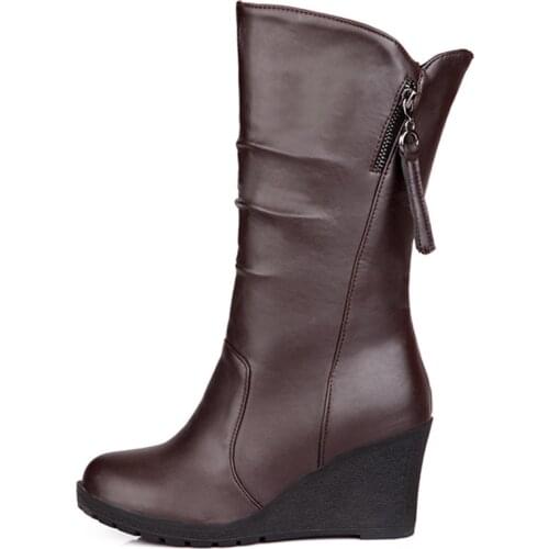 Casual Wedge Heels Snow Boots Women Comfortable Fur Plush Mid-calf Boots Fashion Black Brown White Winter Shoes Large Size 34-48