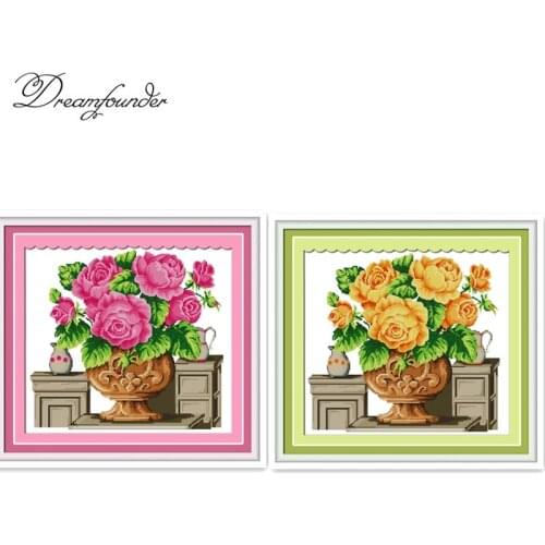 Rose vase cross stitch kit aida 14ct 11ct count printed canvas stitches embroidery DIY handmade needlework
