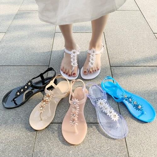 Flower Crystal Women Sandals Adult Outdoor Casual Beach Shoes Woman Large Size Buckle Strap Flat Vacation Ladies Footwear