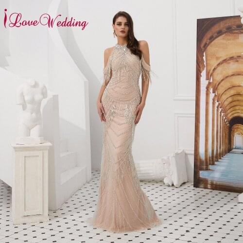 Sexy Evening Dress Halter Off the Shoulder Crystal Beaded Sheer Back Formal Dress Champagne Lining Luxury Evening Gown for Women