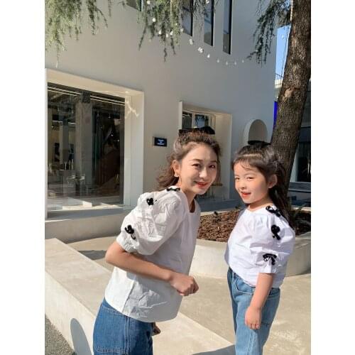 Family Matching Outfits 2021 Summer New Korean Cute Square Collar Bow-knot Shirts For Mother And Daughter Family Look Mom Girls