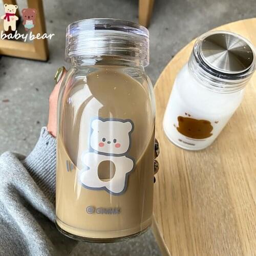 Net Red Cute Bear Bear Glass Cartoon Thickened Heat-Resistant Cup Korean Men and Women Students Couples Portable Bottle