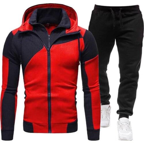 Thicken Men Tracksuit Color Block Hooded Sweatshirt Pants Set Autumn Winter Long Sleeve Drawstring Warm Two Pieces Suits Sports